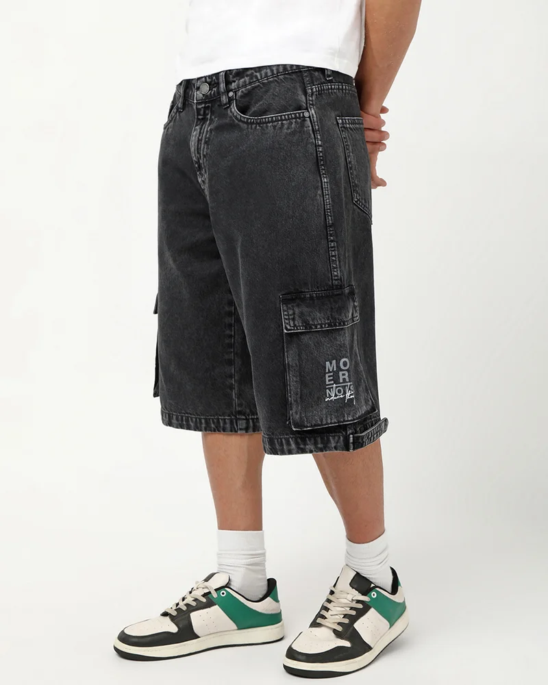 bewakoof Men's Grey Washed Baggy Fit Cargo Shorts